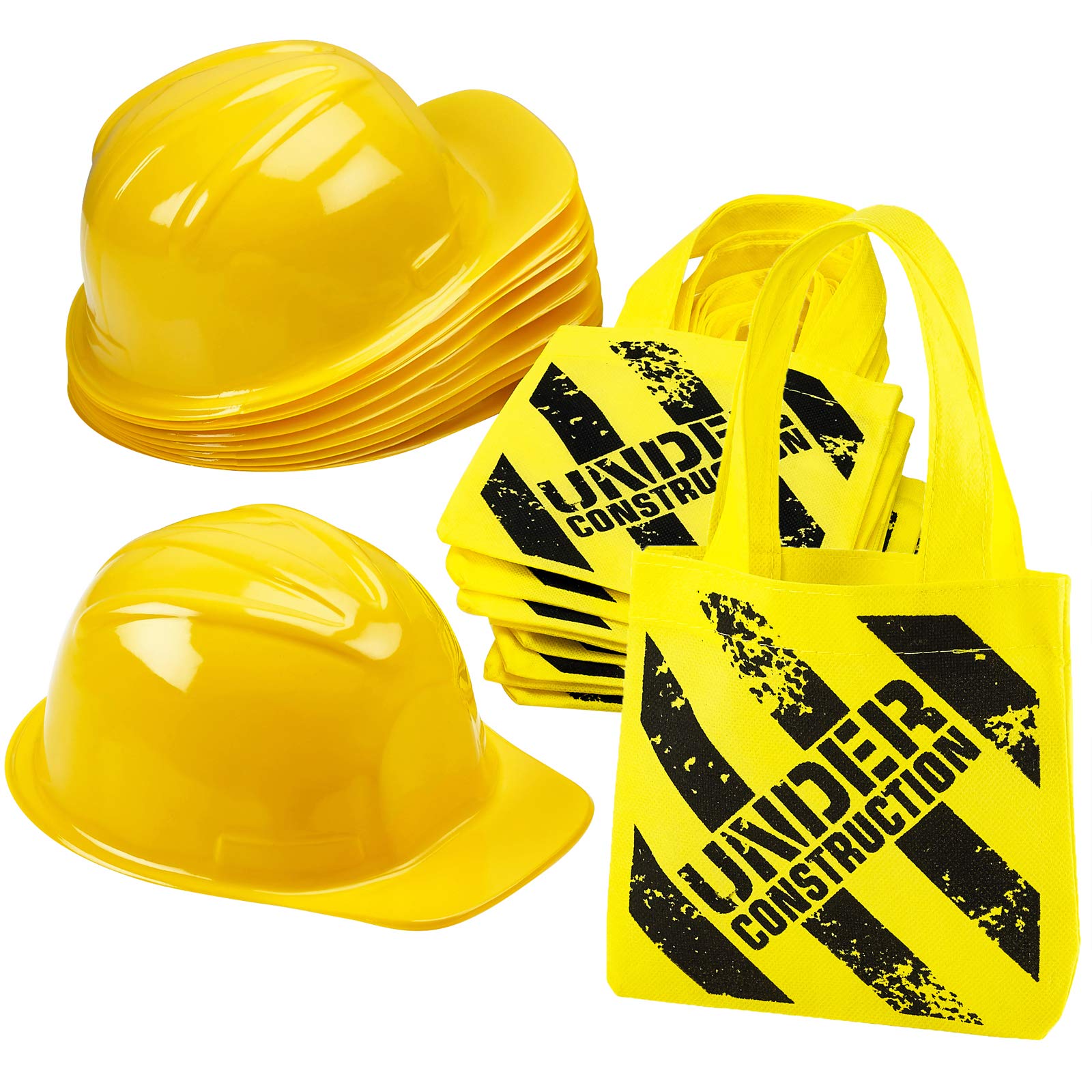 Bedwina Construction Themed Party Supplies - (24 Pack) Construction Party Favors Hat & Mini Tote Bag Supplies - (12) Yellow Construction Hats for Kids & (12) Construction Goodie Bags